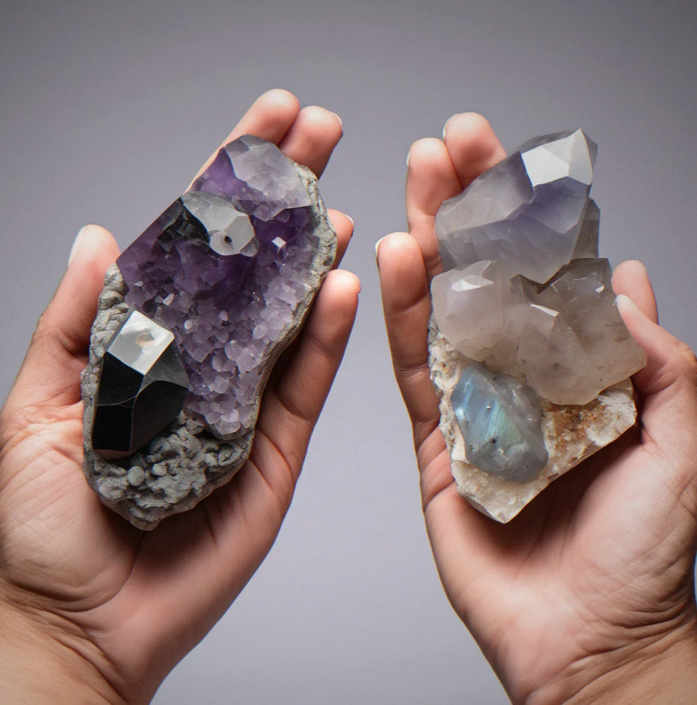 Two mineral specimens of similar size held in open palms, showing the visible difference in weight distribution and hand position.