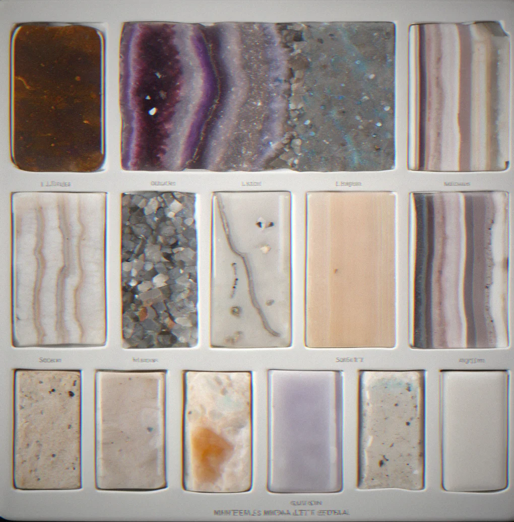 A white ceramic streak plate showing four different colored powder lines from mineral testing, labeled with specimen names.