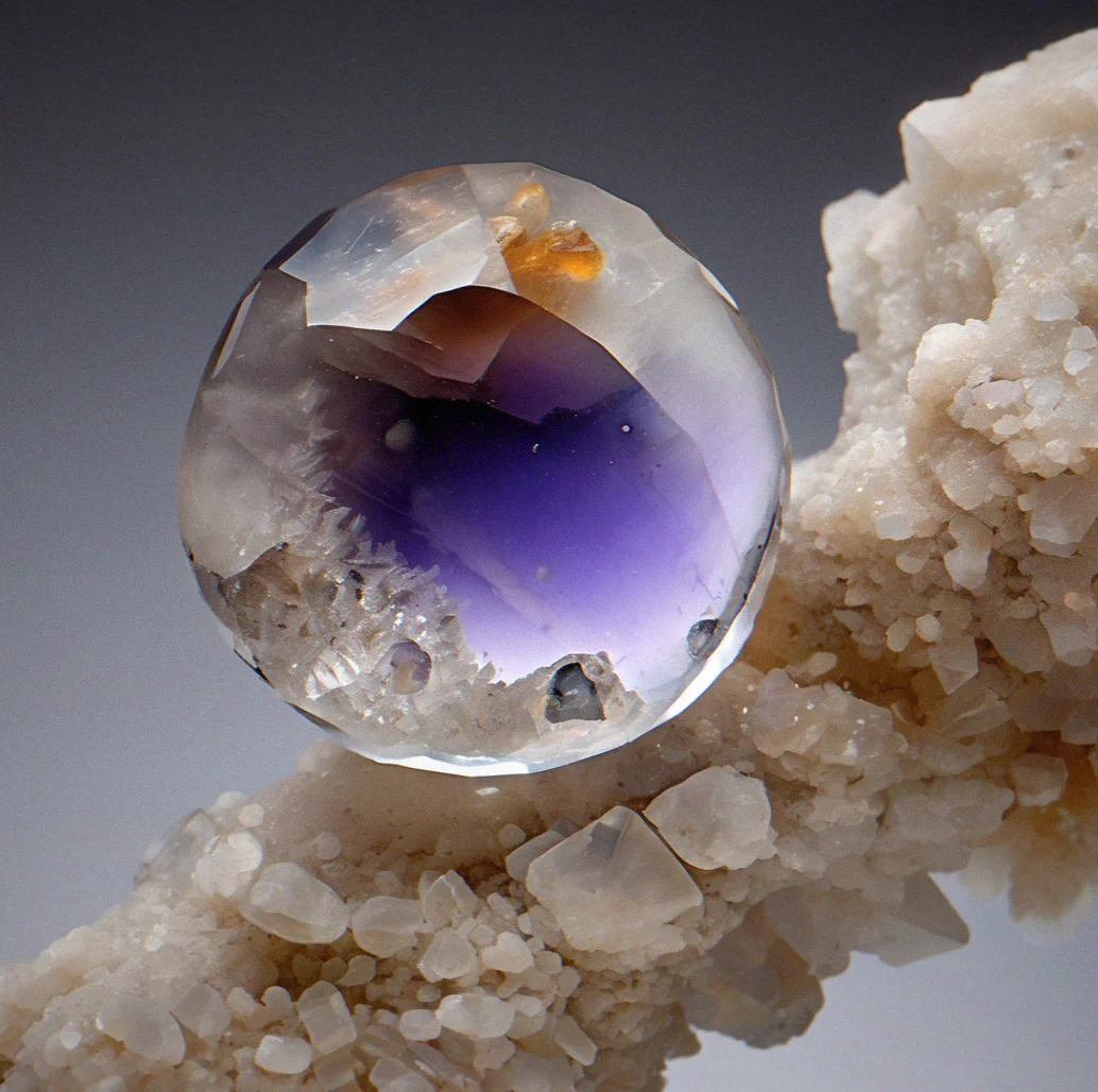 A clear calcite specimen in a drop of dilute acid, showing visible bubble formation on the mineral surface.
