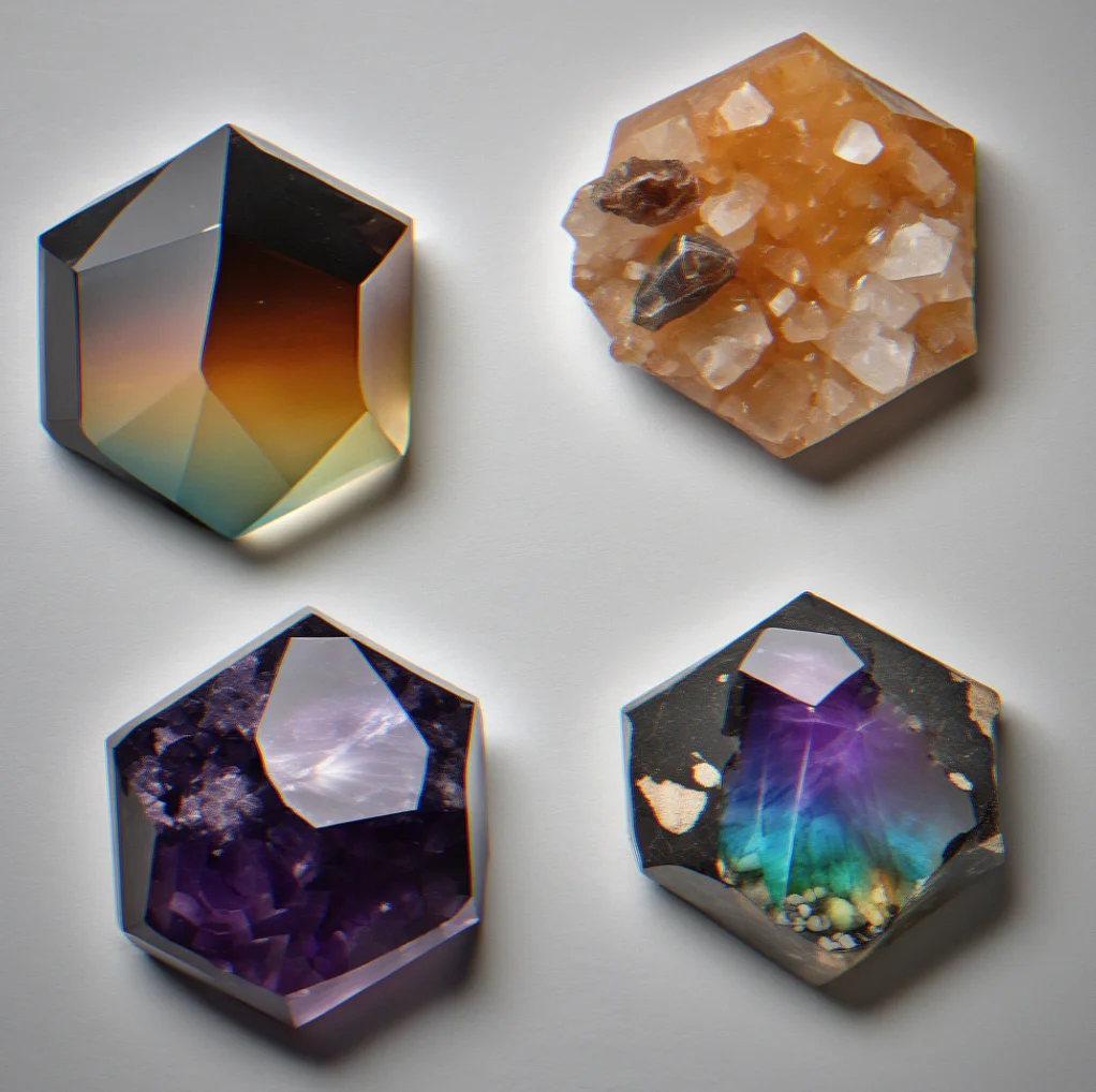 Three quartz specimens from different locations arranged to show identical hexagonal prismatic crystal firms and terminations.
