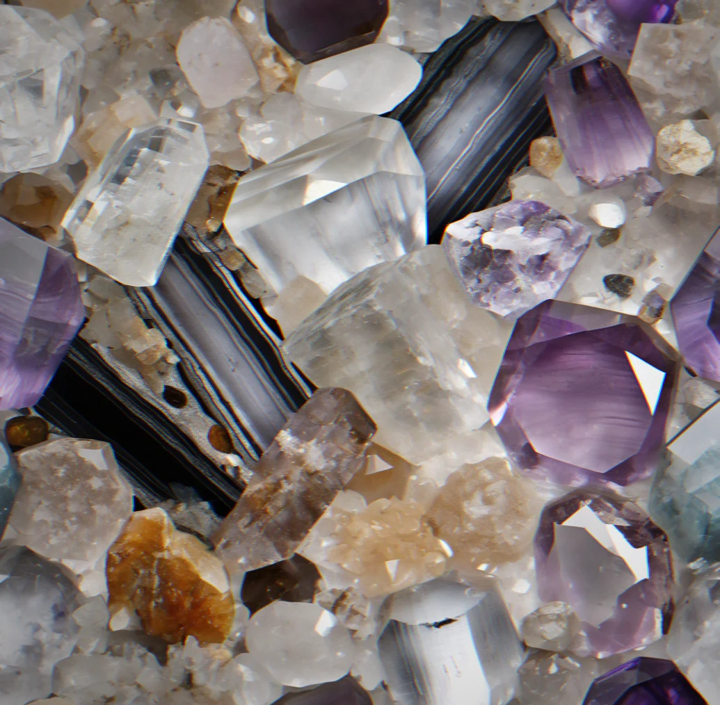 A magnified view of clear quartz containing fine rutile needle inclusions aliggned along the crystal axis.