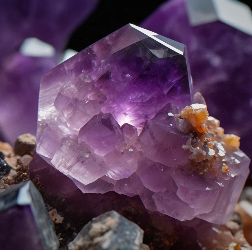Close-up of a hexagonal amethyst cluster showing perfect six-sided crystal faces and internal striations catching warm studio light.