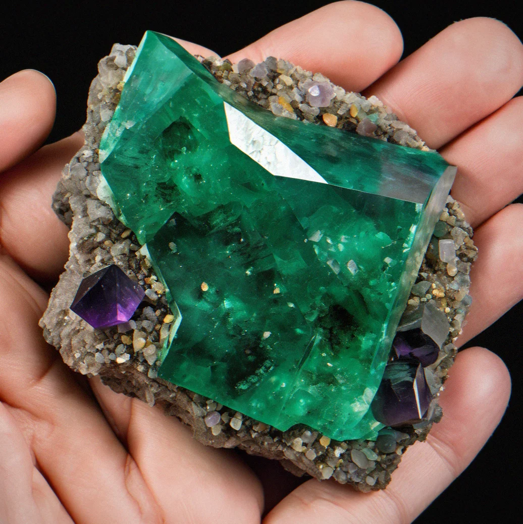 A raw emerald specimen showing deep green color with visible inclusions, photographed against white background to highlight color saturation.
