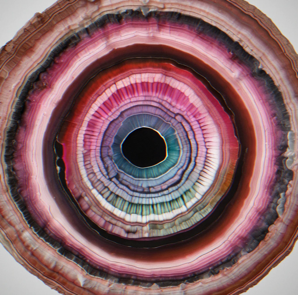 A polished tourmaline cross-section showing concentric color rings from black core to pink outer edge, illustrating growth stages.