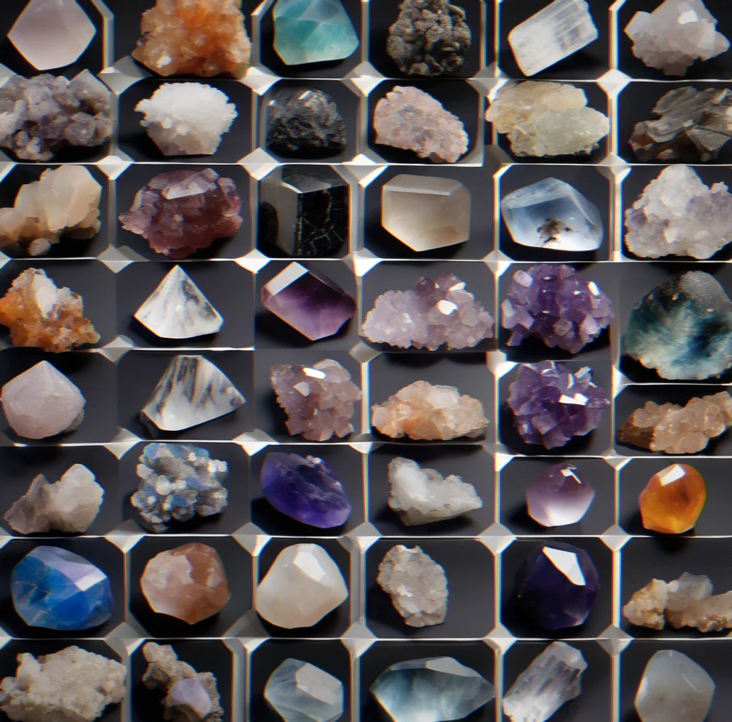 A selection of reference minerals arranged in order of increasing hardness, from soft white talc to clear diamond crystal.
