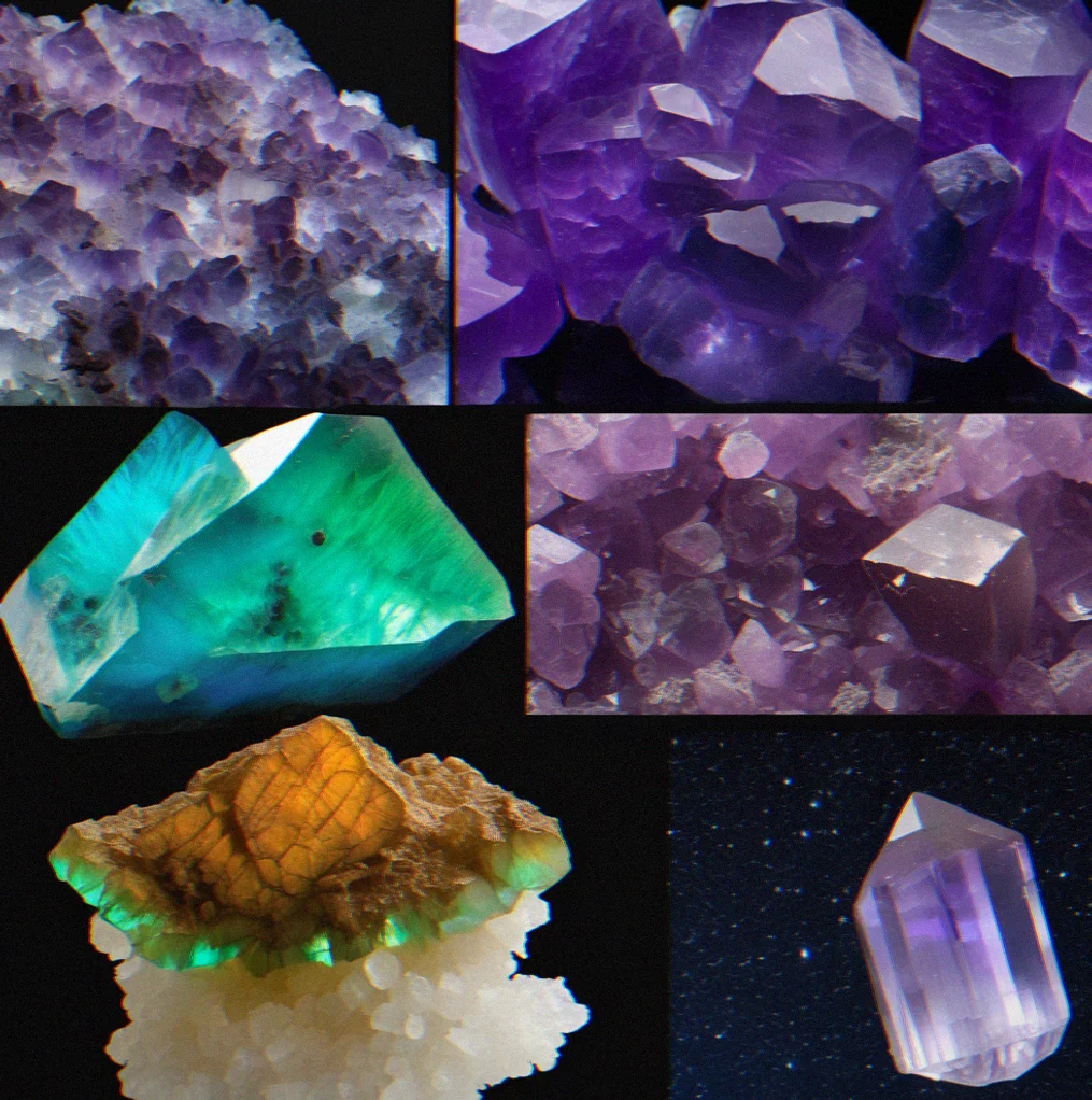 Split-screen photograph of green fluorite under white light and the same stone glowing bright blue-violet under UV wavelength.