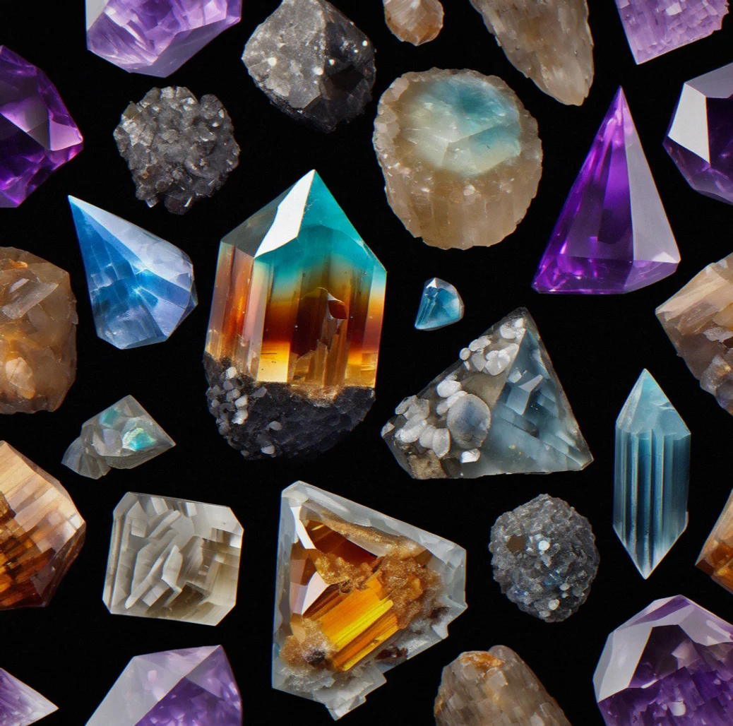Microscopic zircon crystals mounted on a dark background, showing cubic and pyramidal crystal forms in magnified detail.