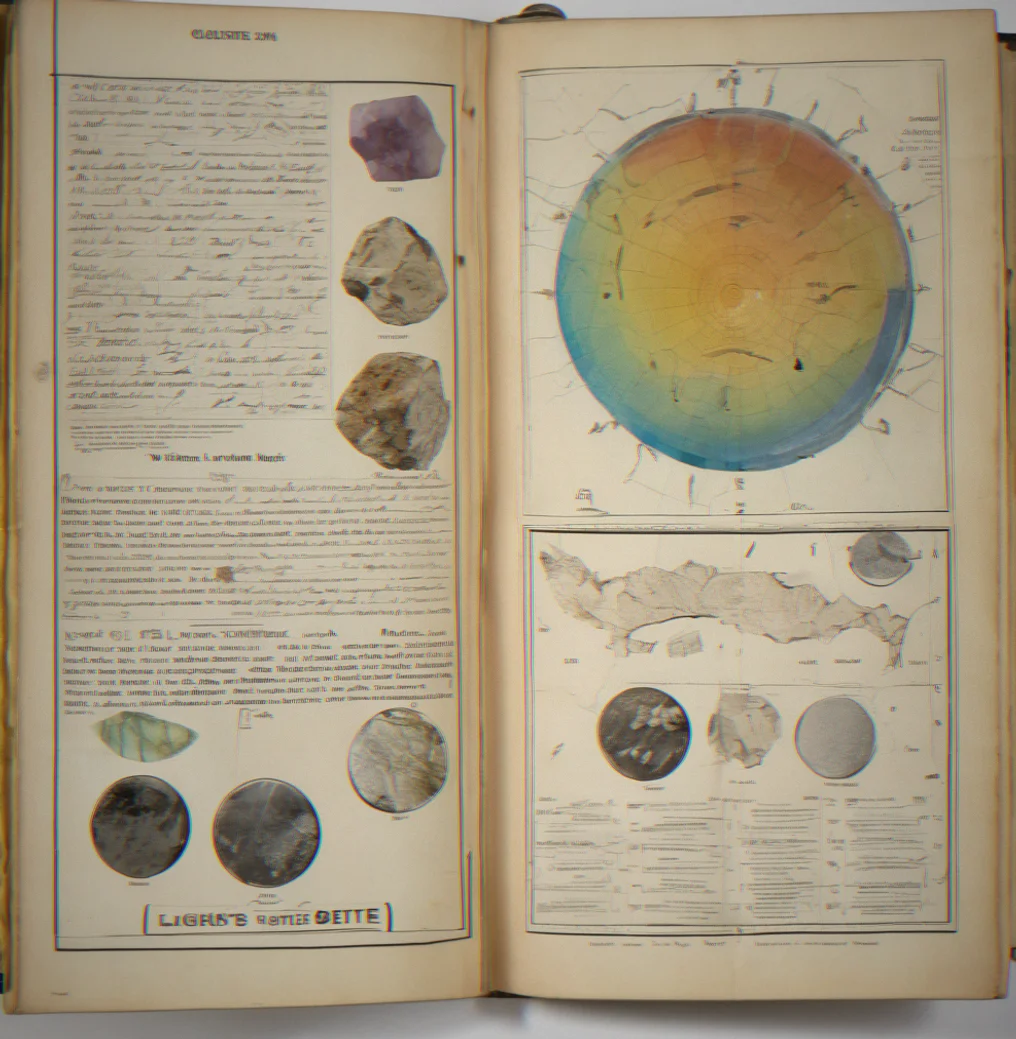 A leather-bound catalog showing maps and geological survey notes with mineral specimen photographs and location coordinates.