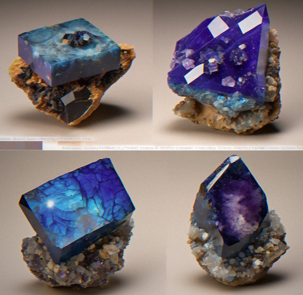 Studio photography of an azurite specimen showing three different angles and close-up detail of crystal terminations under directional lighting.