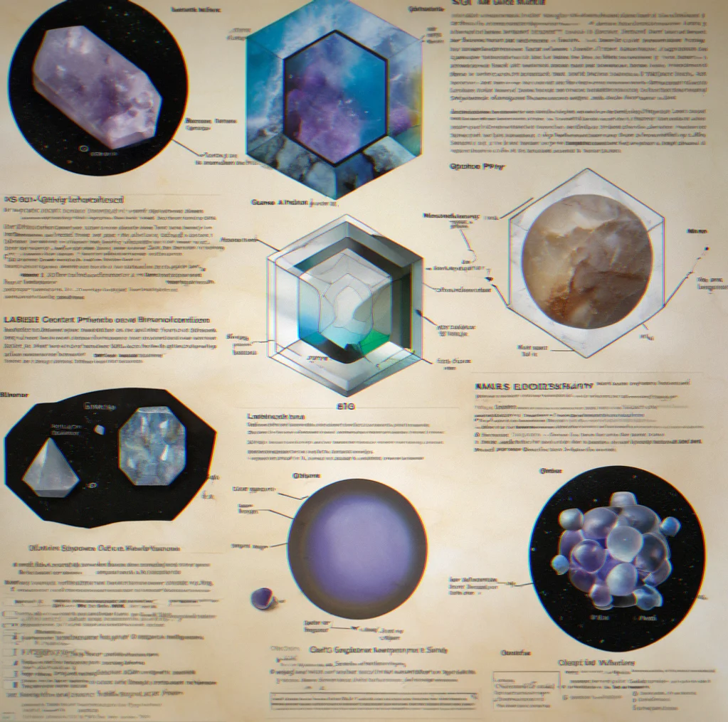 A printed specification card for quartz showing chemical formula SiO2, hardness 7, hexagonal crystal system, and formation conditions.