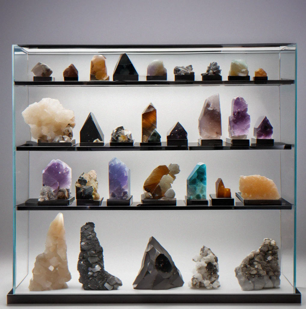 A sparse display shelf showing carefully spaced mineral specimens with ample white space and individual spot lighting.