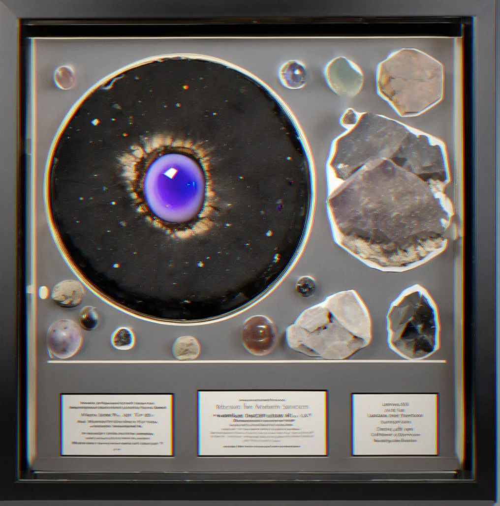 An authenticated lunar basalt specimen in a museum display case with NASA certification card and sample number visible.