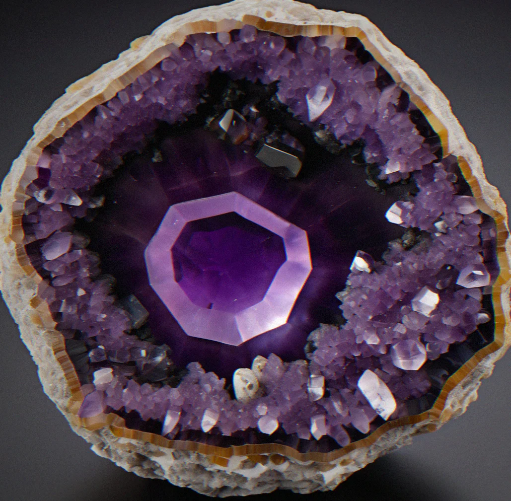 A fair-trade certified amethyst geode with documentation showing the cooperative mine in Rio Grande do Sul, Brazil.