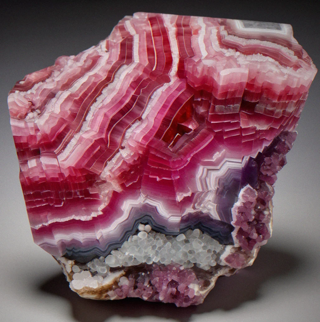 Raw rhodochrosite with those striking pink and white rings running through it, lit from the side so you can really see how thick each layer is and how many times it crystallized one on top of the other.