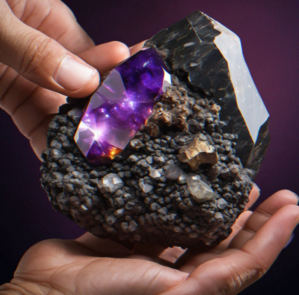 A meteorite resting in someone's hands, its dark fusion crust visible from burning through the atmosphere, showing this otherworldly object next to something human-sized for scale.
