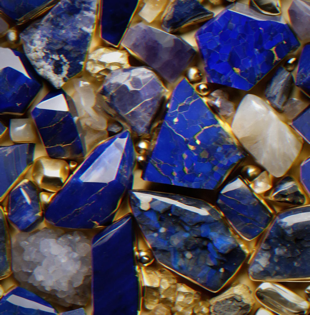 Polished lapis lazuli that's a deep blue with white veins running through it and little flecks of gold scattered around, so you can see right away what minerals make it up.