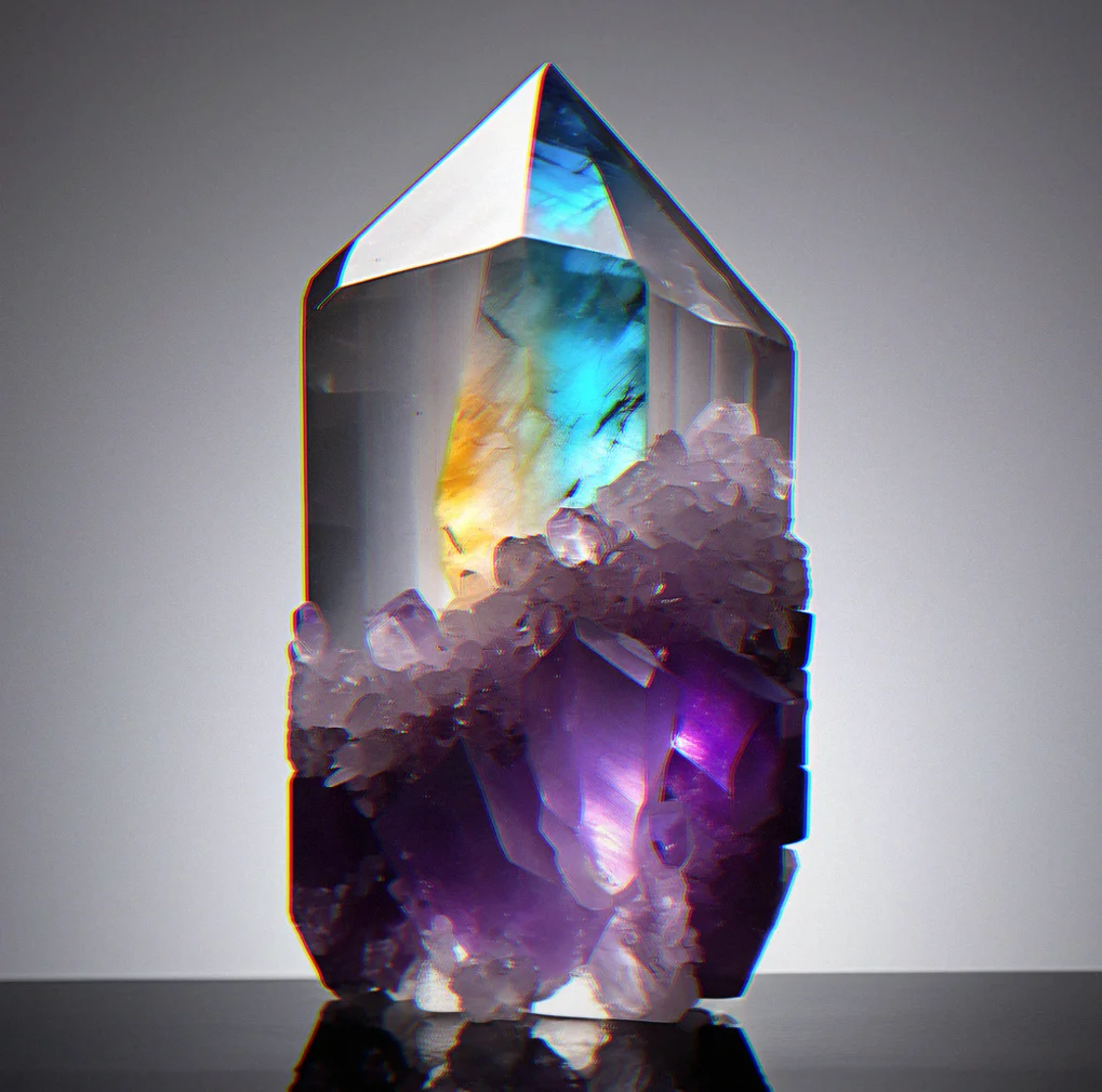 A quartz point lit from behind so you can see the cracks inside and how the color shifts from cloudy at the bottom to clear at the tip, with light spreading through the crystal.