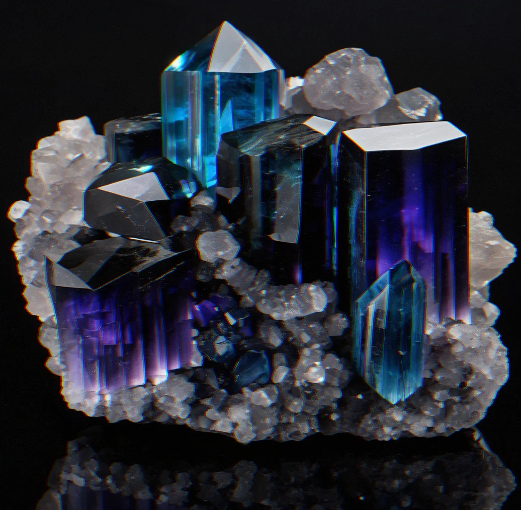 Deep blue and black tourmaline cluster under directional LED light on a matte black surface. You can see the striations running through it and where the crystals terminate at the points.