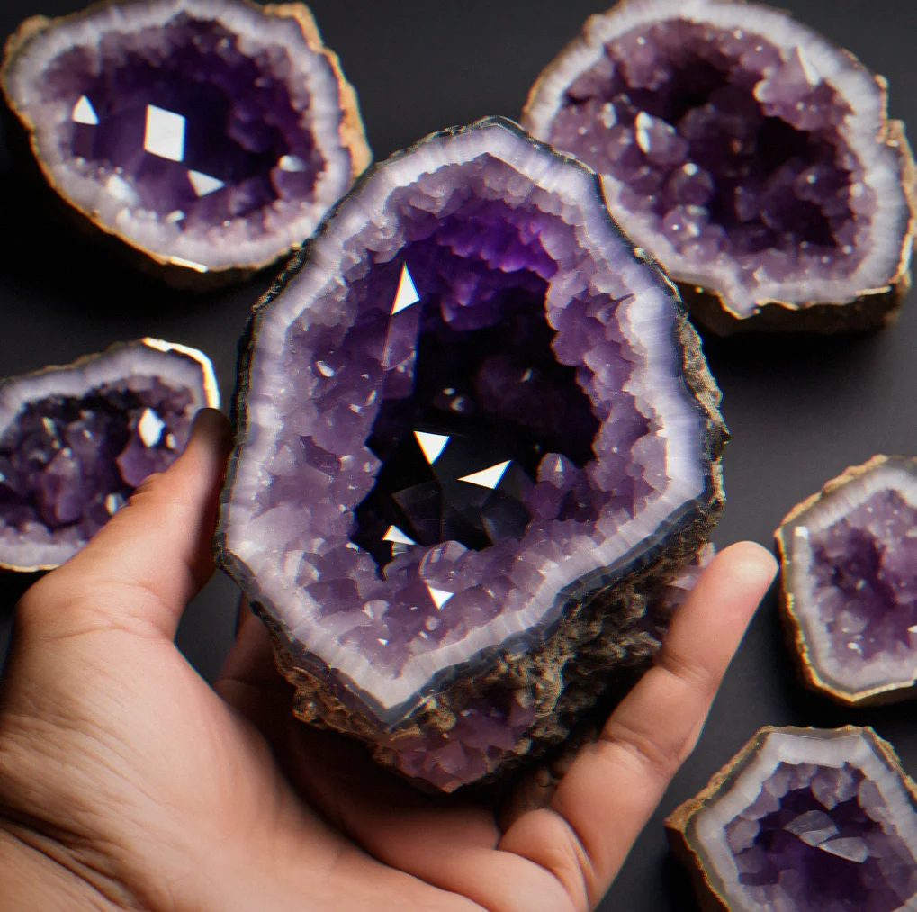 Someone's hands cradling an amethyst geode with the cavity facing up. The fingers give you a sense of scale and the studio lighting brings out the purple tones and the geometric crystal points inside.