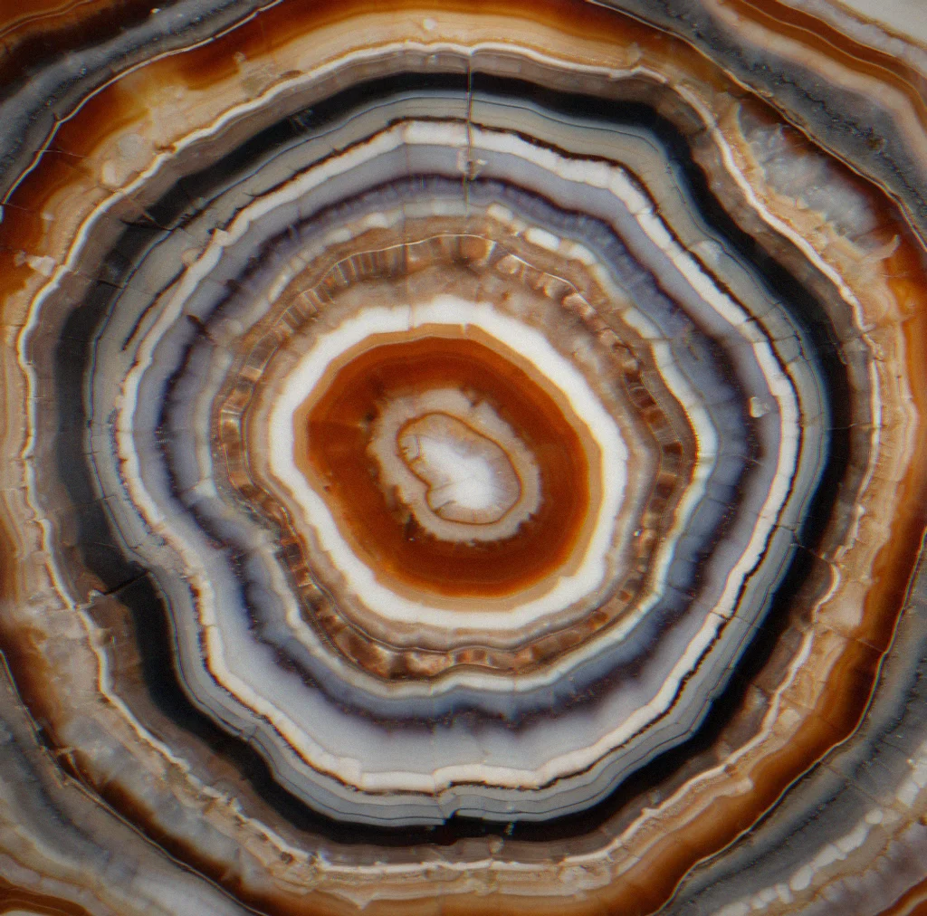 Polished agate slice showing concentric bands in rust, cream and gray. Each band represents a different crystallization event—separated in time, formed as mineral availability shifted.