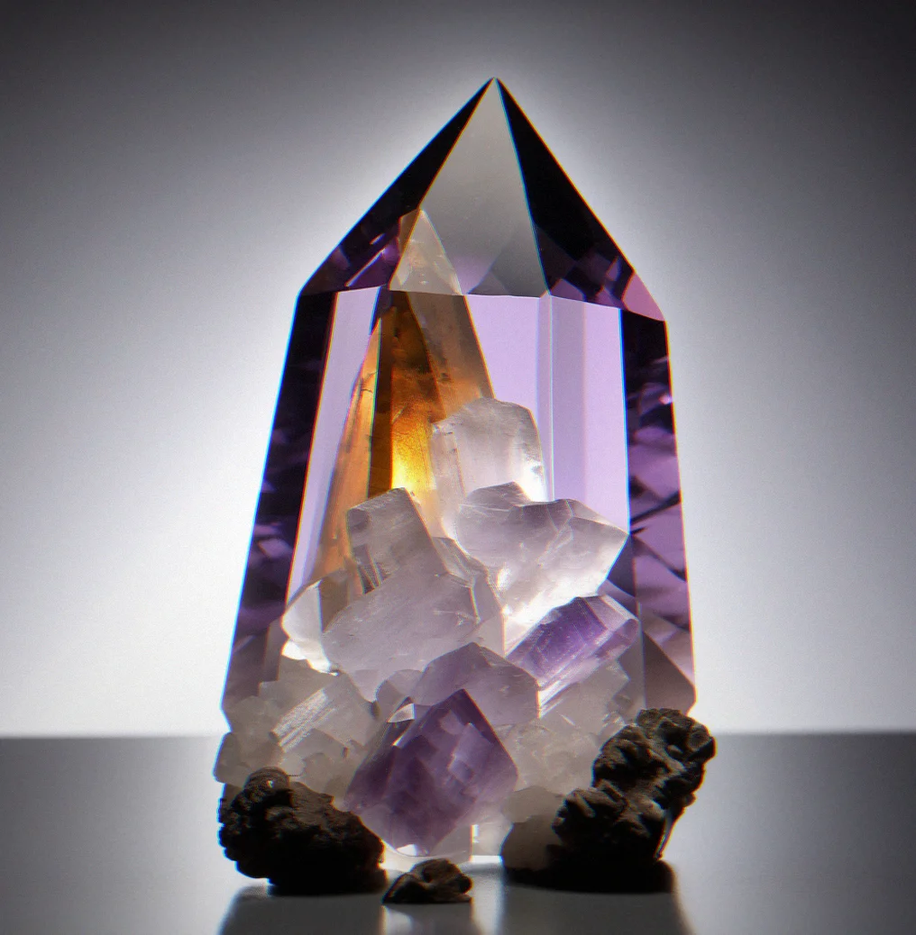 Clear quartz point backlit with soft natural light from a window. The clarity is visible throughout, and you can see the color shift from the base to the tip. Dust particles float in the light beam, adding dimension.
