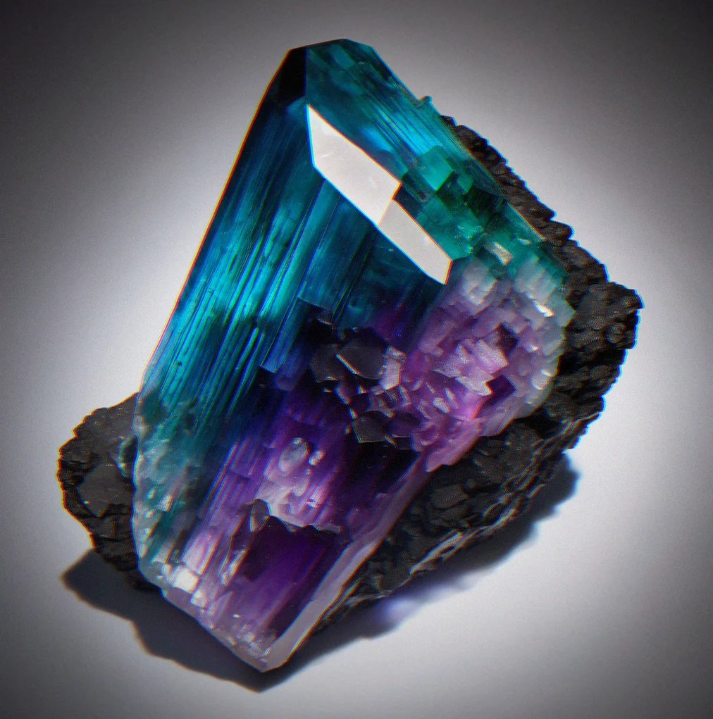 A raw tourmaline specimen lit from behind against deep space imagery, with sharp crystal faces, visible interior striations and color shifting from black through to deep blue.