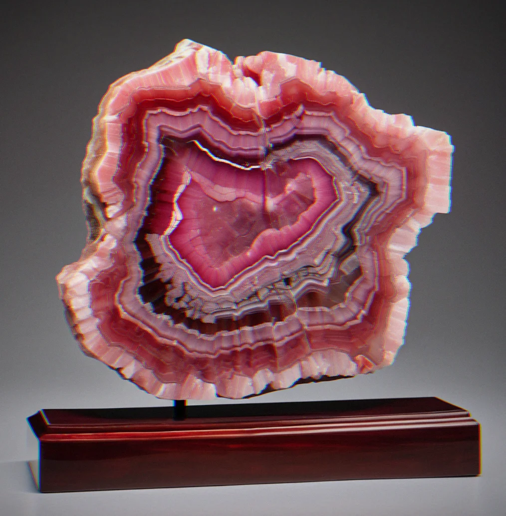 A raw rhodochrosite specimen showing deep pink and white banding layers, mounted on a museum-style display stand.