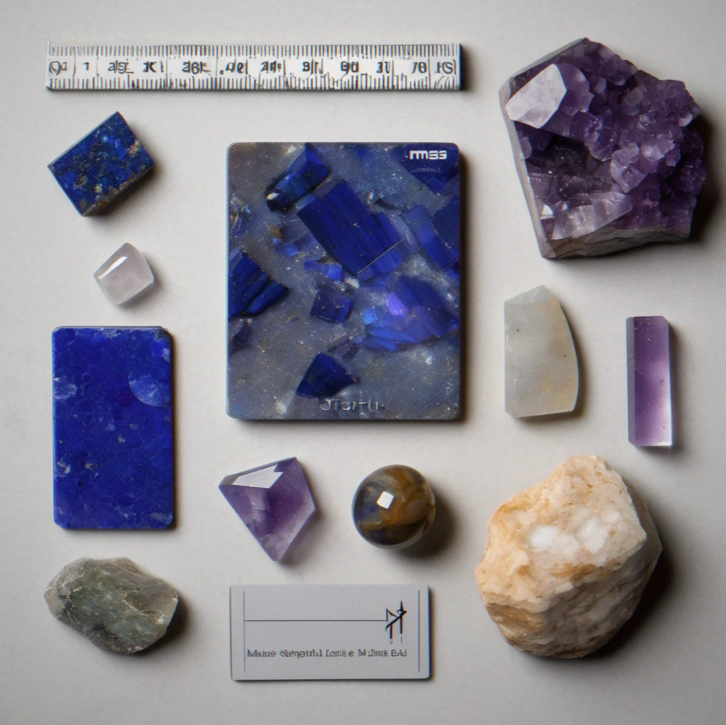 Overhead flat-lay photography showing a lapis lazuli specimen next to a ruler and color-calibration card for accurate reference.