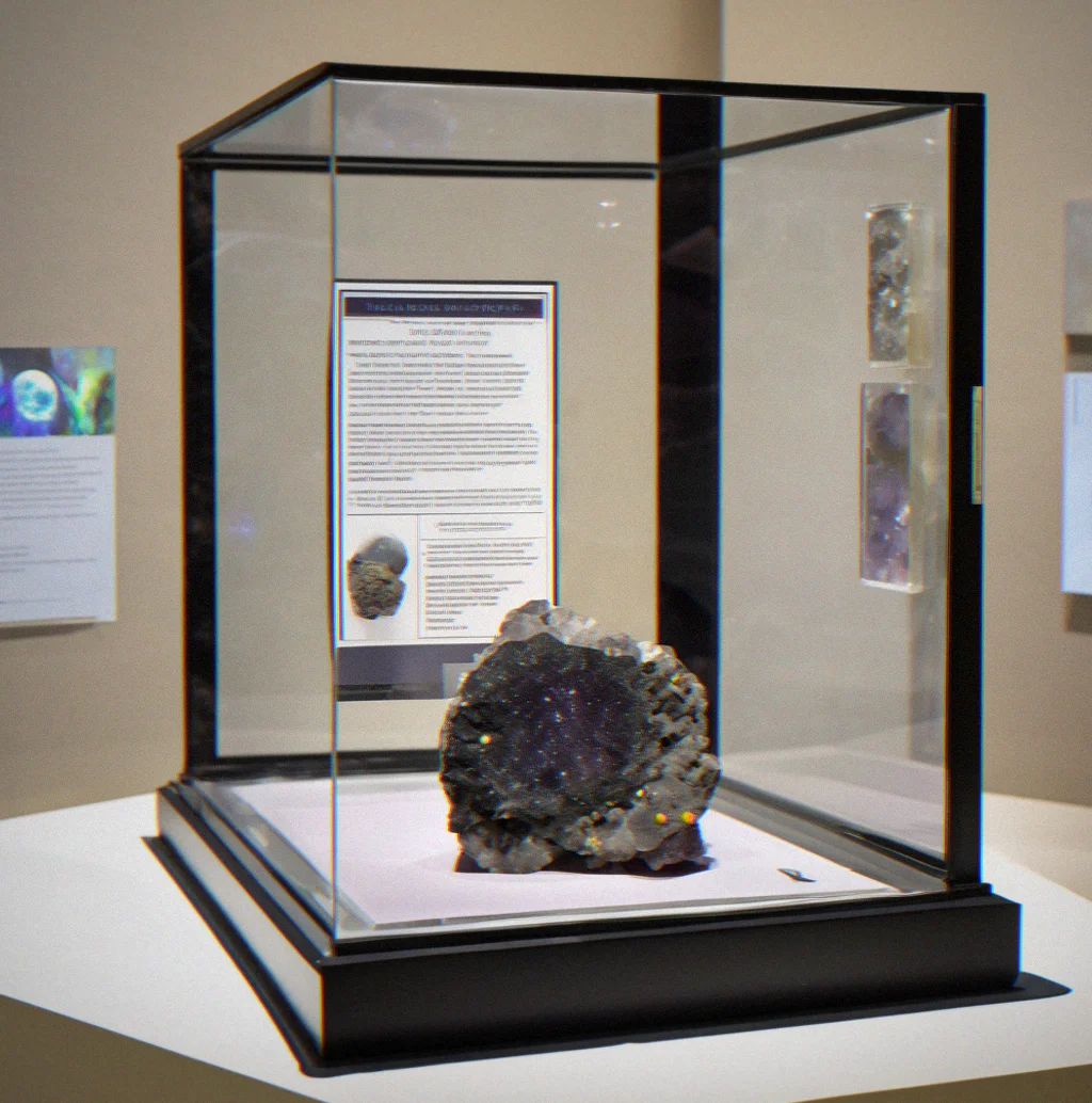 A lunar basalt sample mounted in a museum case showing dark gray crystalline texture, with NASA documentation card beside it.